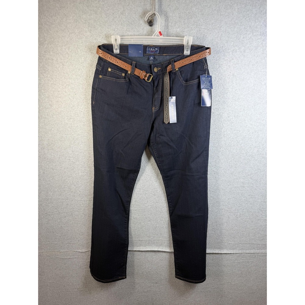 Chaps Jeans Womens 10 Dark Blue Rinse Straight Slimming Fit Belted Stretch Denim